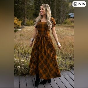 Ivy City Co Plaid Midi Dress in Orange and Brown